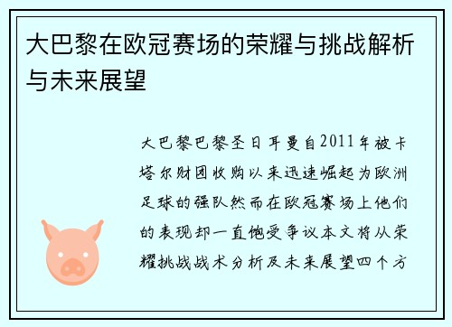 大巴黎在欧冠赛场的荣耀与挑战解析与未来展望
